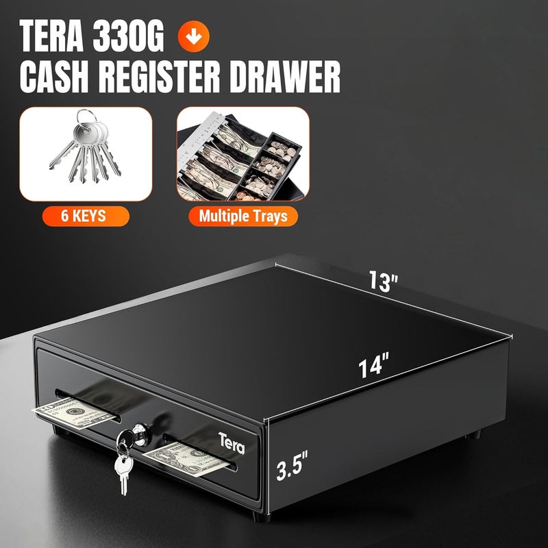 Tera 13" Cash Register Drawer for Point of Sale POS System with 4 Bill 5 Coin Cash Tray 6 Keys Auto Open Removable Coin Compartment Key-Lock 24V RJ12 Interface Media Slot for Small Business 330G - Image 2